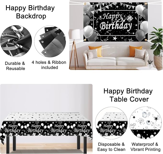 Silver and Black Birthday Decorations for Men Women Boys Girls 80 PCS White Black and Silver Party Decorations Happy Birthday Backdrop Banner Confetti Star White Balloon Arch Tablecloth Party Supplies