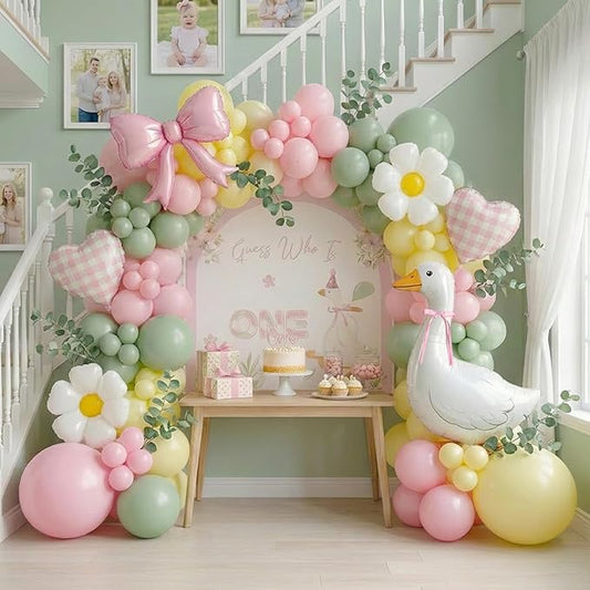 One Silly Goose 1st Birthday Decorations for Girl - Pink and Pastel Yellow Balloon Garland Kit with Goose Foil Balloon, Bow, Backdrop - Vintage Goose Theme Party Supplies for First Birthday