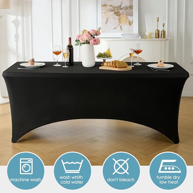 VidaFete Spandex Tablecloth 2 Pack 8FT, Fitted Stretch Table Cover for Rectangle Tables, Wrinkle Resistant and Washable Tablecloths for Outdoor, Picnic, Party, Wedding, Banquet, Birthday, Black