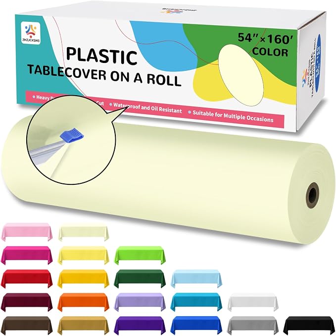54IN X 160FT Plastic Table Cover Roll with Cutter Box, Cut to Size Plastic Table Cloths for Parties, Birthday, Disposable Tablecloth Roll for All Shape Tables (Beige, 54 Inch X 160 Feet)