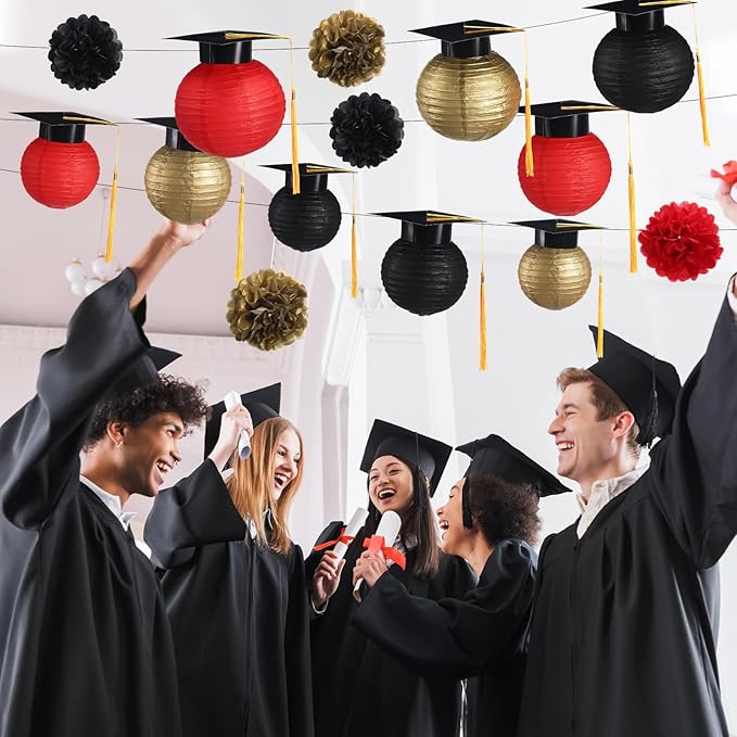 Gilprop 15 Pcs Red and Gold Graduation Decoration 2026 Paper Lanterns Graduation Party Decorations Hanging Round Paper Lanterns with Black Grad Hat Tassel for Congratulation Grad Decorations