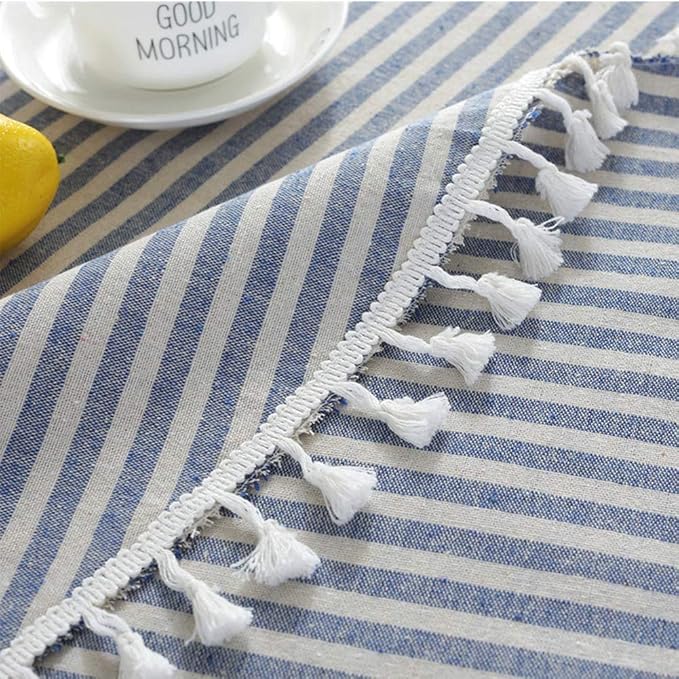 meioro Round Tablecloth Stripe Tassel Table Cloth Cotton Blend Dust-Proof Table Cover for Dining Circle Coffee Side End Card Tables, Parties Holiday Indoor Outdoor Use (Blue/White Stripes, 60 Inch)