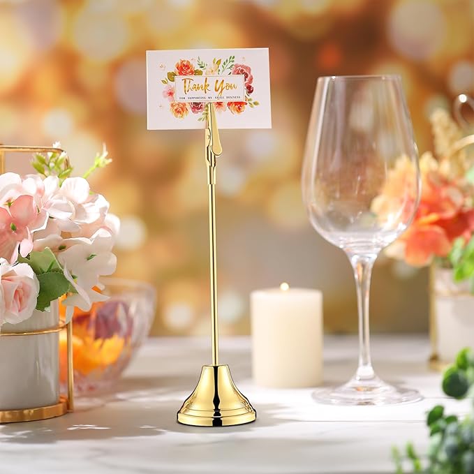 Skyygemm 12 Pcs Table Number Holders 8 Inch Place Card Holder with Alligator Clip Metal Table Card Holders Table Number Stands Table Sign Holders for Photos, Food Signs, Birthdays, Weddings (Gold)