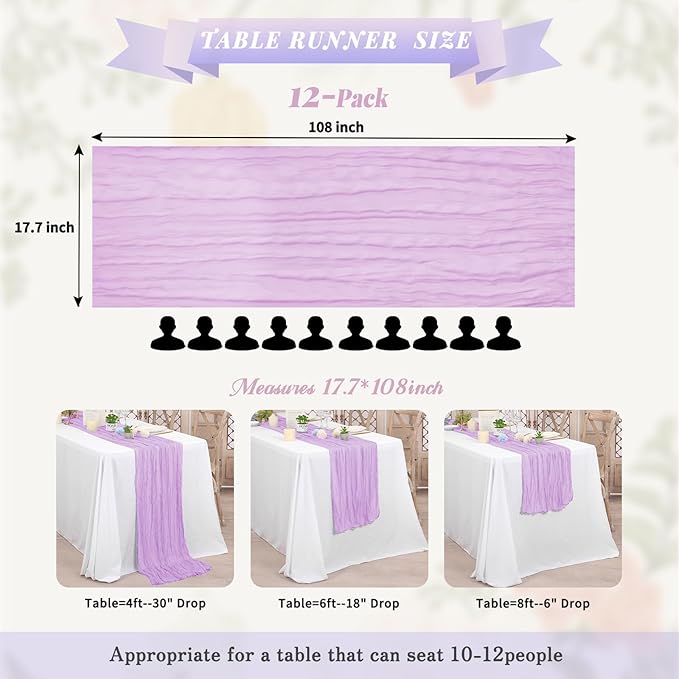 12 Pack Cheesecloth Table Runner,Light Purple Table Runner Long Romantic Semi Sheer Rustic Boho Gauze Table Runners for Wedding Bridal Shower Birthday Party Decorations(17.7×108 Inch)