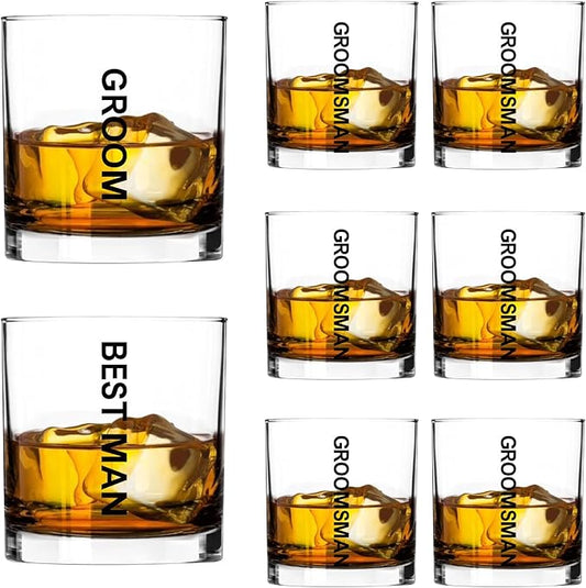 LADY&HOME Groom and Groomsmen Whiskey Glasses Set of 8,11oz Whiskey Rock Gift Glass for Bachelor Party Decorations Favors or Groomsmen Gifts (WB,Groomsman)