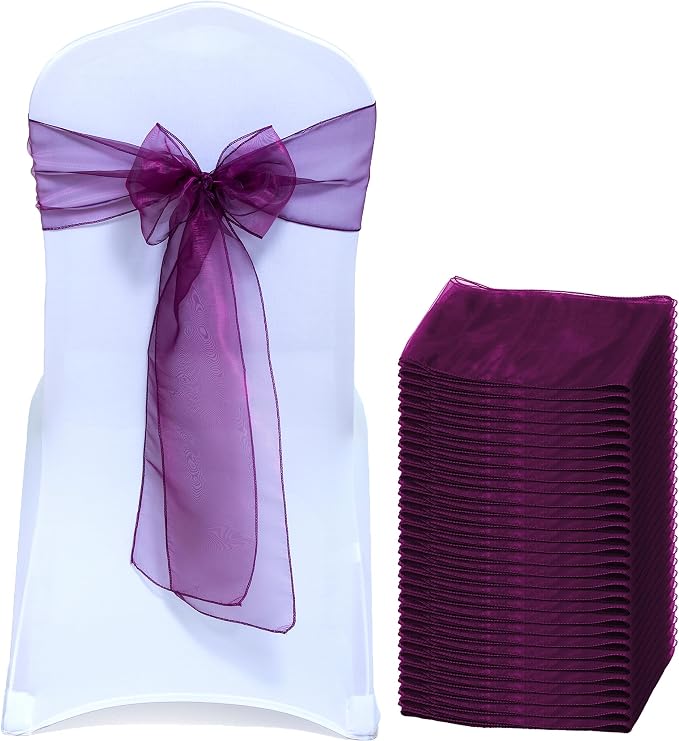 MDS® Pack of 300 Organza Chair Sashes for Wedding Decoration, Reusable Sheer Chair Bows for Banquet Chair Cover, Reception, Bridal Shower, Baby Shower, Birthday Party & Special Events - Eggplant