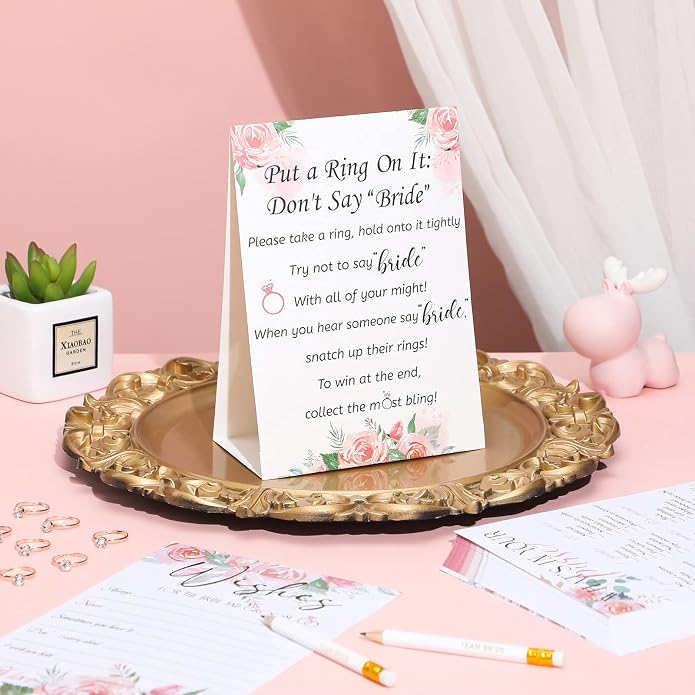 Sosation 331 Pcs Bridal Shower Games Supplies, 5 Sets (50 Cards Each) Wedding Games Cards, 1 Put a Ring on It Bridal Shower Game with 60 Rings and 20 Team Pencils for Wedding Engagement