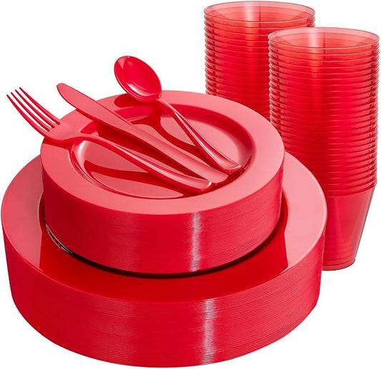 KIRE 150 Pieces Red Plastic Plates Disposable - Red Dinnerware Set Include 25Dinner Plates 25Salad Plates 25Forks 25Knives 25Spoons 25Clear Red Cups for Christmas Parties