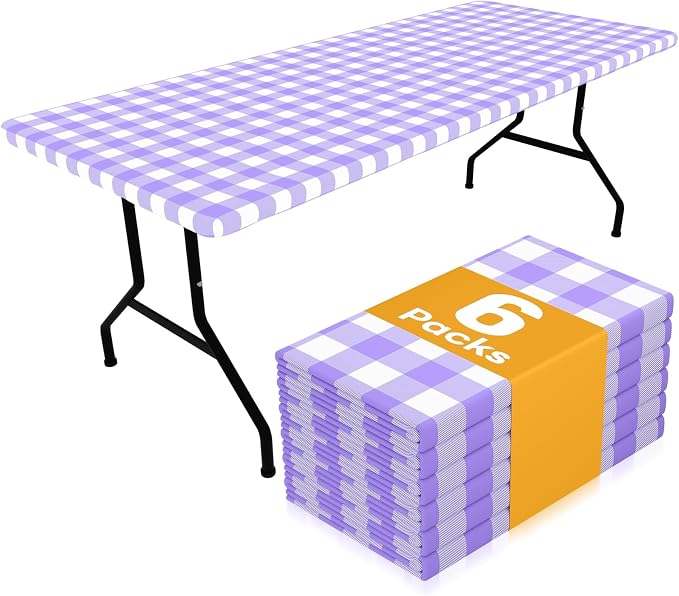 Smiry Picnic Table Cloth 6 Pack, Waterproof Elastic Fitted Tablecloths for 4FT Rectangle Tables, Washable Polyester Buffalo Plaid Tablecloth for Camping, Dining & Outdoor (Purple & White, 30" x 48")