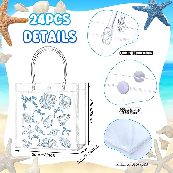 Teenyyou 24 Pcs Ocean Seashell Beach Gift Bags with Handles Starfish Shell PVC Gift Bags Candy Treat Tote Party Favor for Birthday Party Supplies