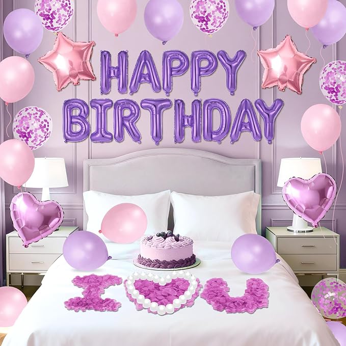 Purple Pink Happy Birthday Balloons Decorations Pink Purple Birthday Balloon Letters Banner with Star Heart Balloon 1000 Pcs Artificial Rose Petals 24 Flameless LED Candles for Birthday Party Supplies