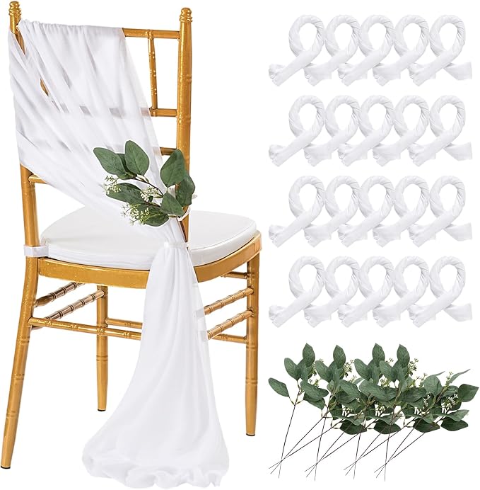 QueenDream White Chair Sashes Wedding Chair Decorations: 36 Packs 8ft Sheer Bows Designed Chairs Sashes for Baby Shower Banquet Hotel Chairs Decor