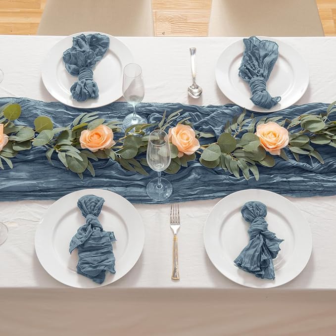 12 Pack Dusty Blue 10 Ft Cheesecloth Table Runner 21x120 Inch Boho Wrinkled Sheer Romantic Gauze Decor for Wedding, Bridal Shower, Birthday Party