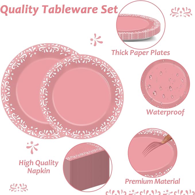 96 Pcs Pink Cielito Party Theme Lindo Decorations Mexican Disposable Plates Mexicanos Baby Shower Decorations Pink Mexican Dinnerware for Baby Shower Wedding Birthday Party Supplies Serves 24 Guests