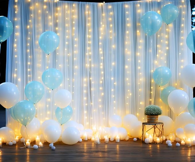 White Sheer Tulle Backdrop Curtains with Lights String for Party Wedding Wrinkle Free Curtain Backdrops Drapes for Baby Shower Birthday Party Photo Back Drop Background Home Decorations 10ft x 8ft