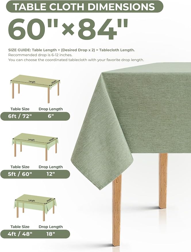 Decorelia Sage Green Waterproof Table Cloths for 4 Ft Rectangle Table-2 Pack, Washable Polyester Rustic Cloth Rectangular Table Cloth Cover for Wedding,Outdoor,Events,Party,Banquet, Dining, 60x84 Inch