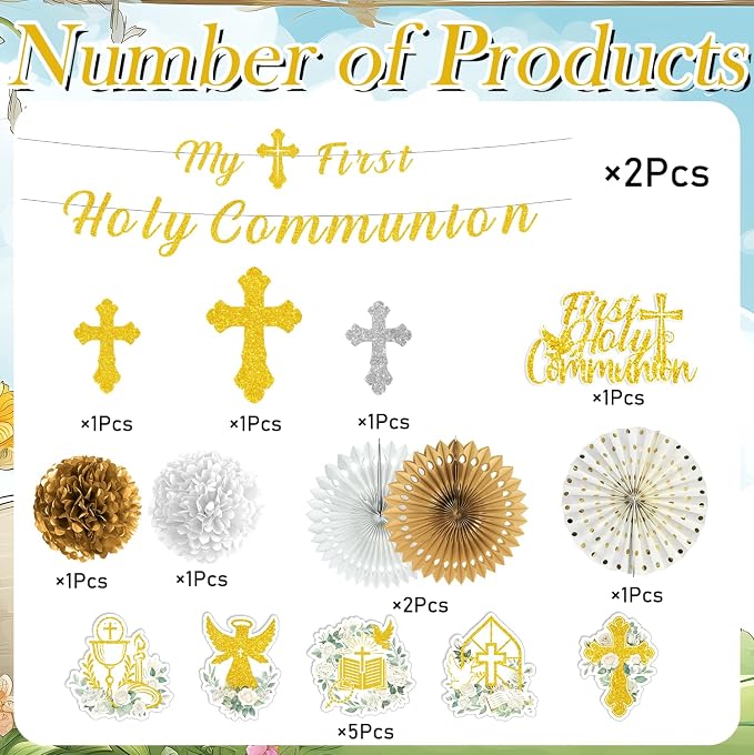 Rakuto First Communion Party Decorations, 13PCS Primera Comunion Decoracion Set with Banners Hanging Swirls Paper Fans Decoration, First Holy Baptism Cake Toppers and Paper Pom Poms Decor Supplies