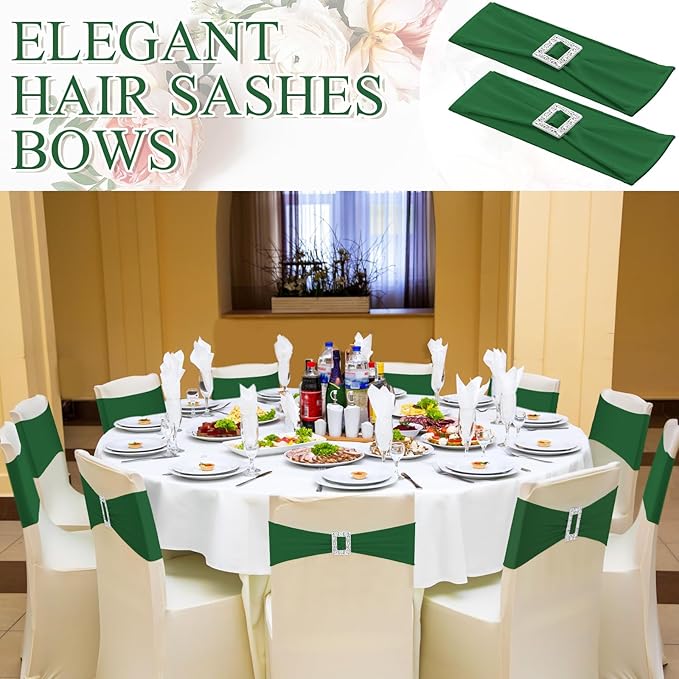 VitalCozy 100 Pcs Spandex Chair Sashes with Square Buckle Slider Stretch Chair Cover Band Universal Elastic Ties Straps Bows for Wedding Banquet Event Party Decoration (Green)
