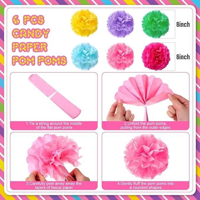 Outus Hanging Decorations Candy Party Paper Fans Lollipop Tissue Pom Poms Colorful Candy Themed Paper Lanterns for Candyland Party Supplies Classroom Ceiling Wall Decor