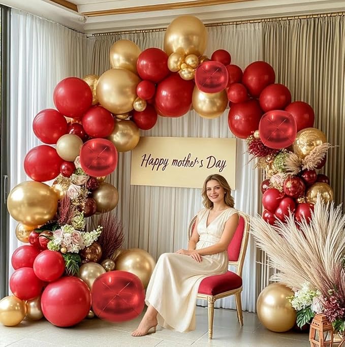 Red and Gold Balloon Garland Double Stuffed Ruby Red Gold Balloons Arch Kit With Mylar Balloon for Birthday Wedding Mother's Day Engagement Baby Shower Anniversary Party Decoration