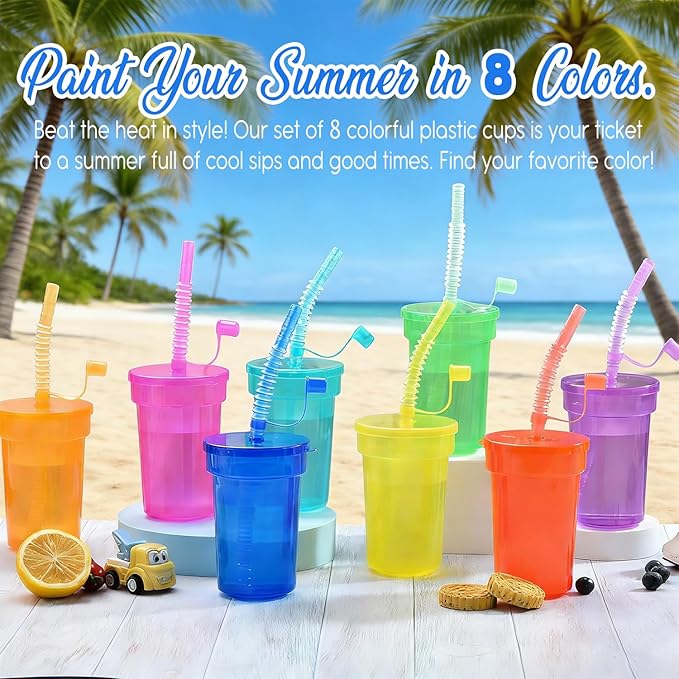 Haundry 24 Pack Kids Party Cups with Lids and Straws, Colorful Plastic Sipper Party Favor Cups for School Events and Birthday Celebrations Supplies, Neon Colors