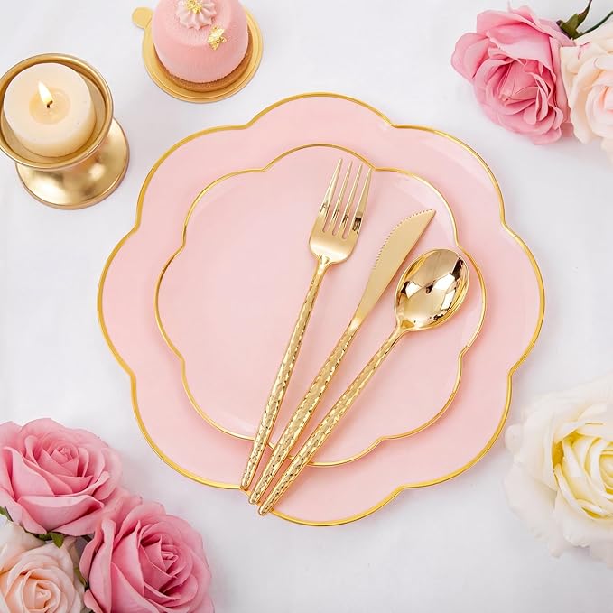 LIYH 150 Pcs Pink Dinnerware Set Pink Plastic Plates and Gold Silverware Set Gold Flower Edge Design Flower Plates Suitable for Wedding Birthday Bridal Shower(30 Guests)