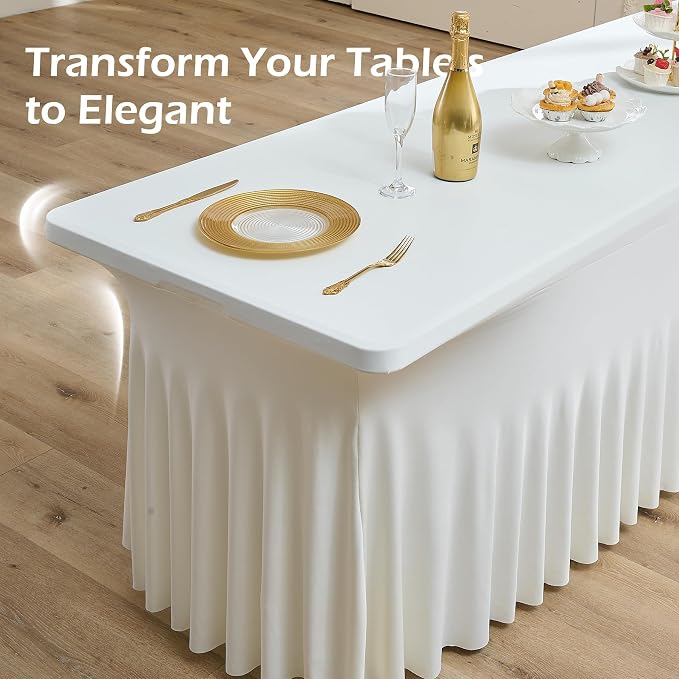 NSSONBEN 2 pk Ivory Spandex Tablecloth for 8 Foot Rectangle Tables,Wrinkle Free High Stretch Cream Fitted Tablecloths with Ruffle Skirt, Elastic Spandex Table Covers 8ft for Parties Weddings Banquet