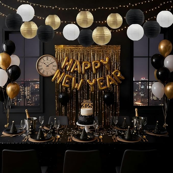 CC wonderland zone 12pcs Black Gold White Hanging Paper Lanterns,Round Paper Lanterns for Birthday,New Year,Wedding,Party,Home Ceiling Decoration