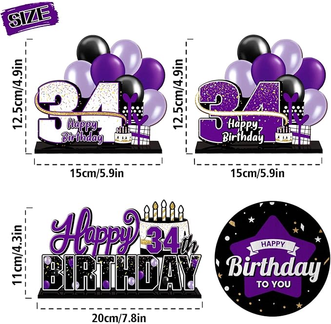 LINGTEER Happy 34th Birthday Purple Acrylic Table Topper Centerpieces Set - Cheers to 34 Years Old Birthday 34th Bday Party Gift Decorations.