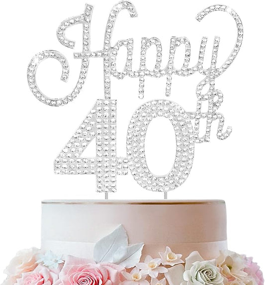 LINGTEER Happy 40th Birthday Silver Rhinestone Cake Topper - Cheers to 40th Birthday Forty Years Old Anniversary Party Cake Centerpieces Topper Decorations Gift Sign.