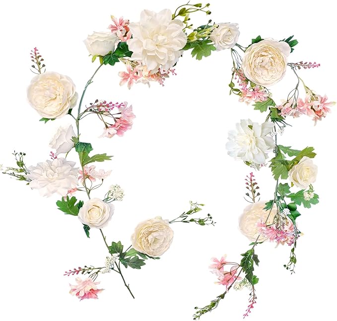 Artificial Peony Garland, 180cm/6FT Length, Fake Rose Vines, Center Flower Decoration, Hanging Silk Flowers for Wedding Decor Home Table Runner Mantle Party Decor (Champagne Peony Garland)