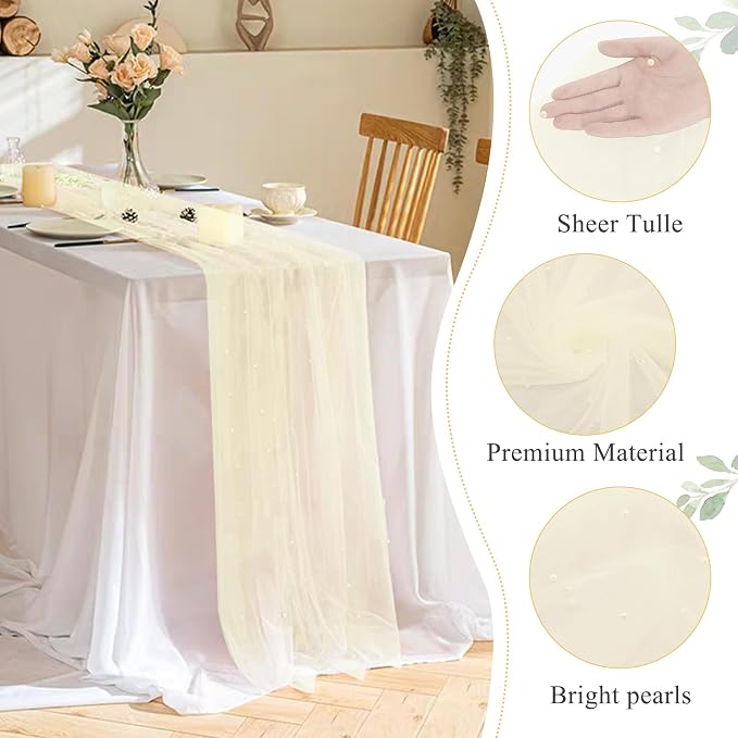 Pearl Table Runner 29 x 120 Inch Beige Tulle Fabric Lace Table Runners Boho Rustic Table Runners for Bridal Shower Birthday Party Wedding Arch Aisle Veil Dessert Table Decor(Beige)
