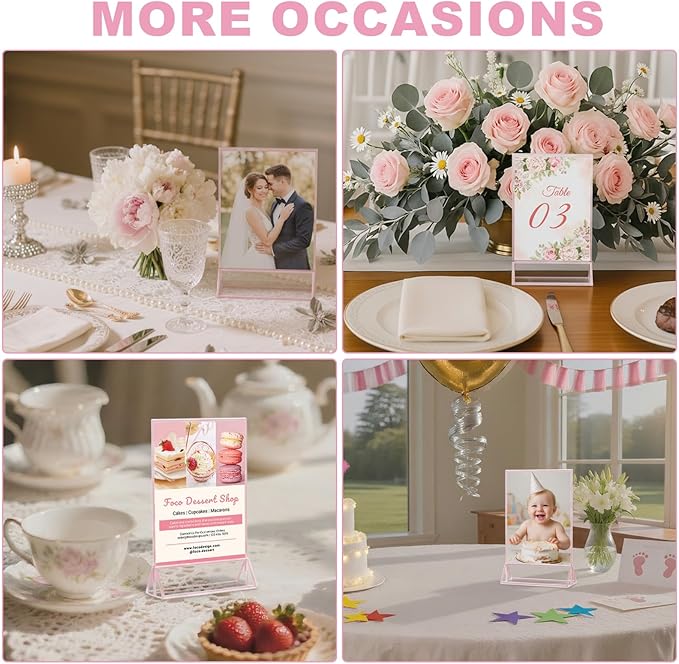 EHWINE 12 Pack Acrylic Sign Holder 4 x 6, Double-Sided Stand up Table Top Sign Holders, Pink Acrylic Picture Frame Menu Flyer Paper Holder Display Stand for Office Business Store Wedding Party