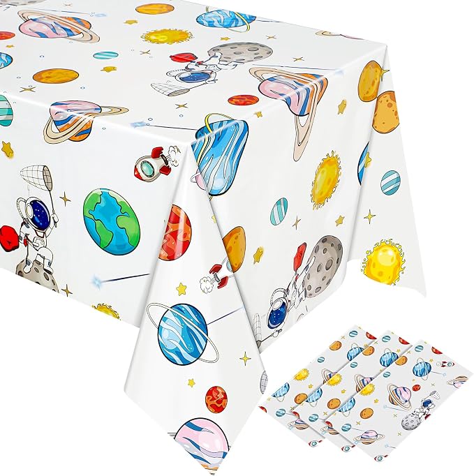 Oudain 6 Pcs Space Tablecloth Decorations Plastic Galaxy Table Cloth Space Theme Birthday Party Supplies for Boy Spaceship Planet Astronaut Rockets Disposable Table Covers, 54 x 108 Inch (White Style)