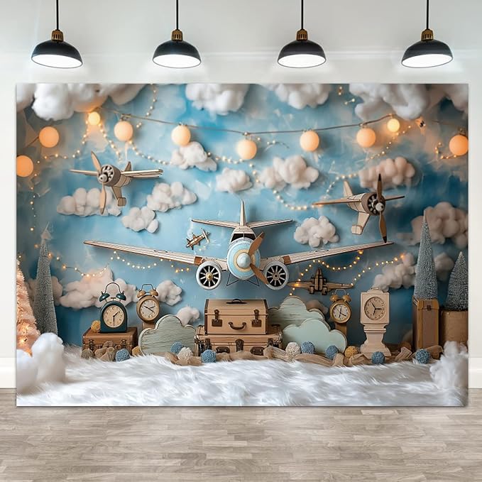 8x4ft Vintage Airplane Photography Backdrop Blue Sky White Clouds Retro Aircraft Theme Background for Newborn Baby Shower Banner Boys Birthday Party Photoshoot Studio Photo Booth Props