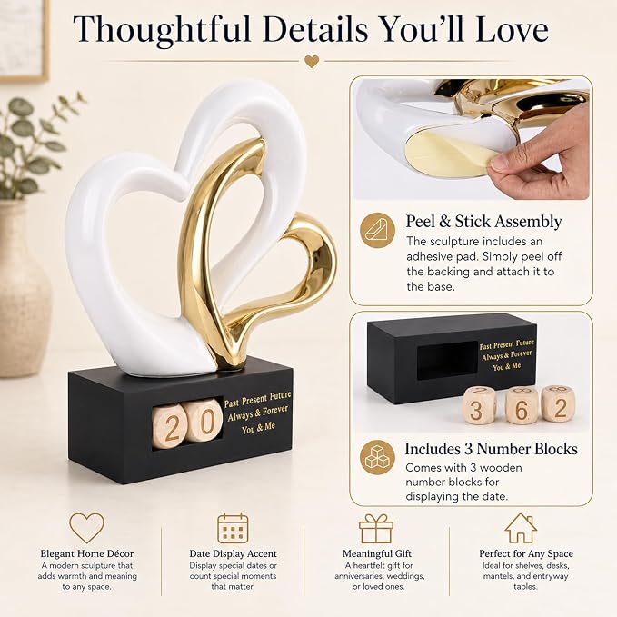Ceramic Heart Sculpture with Date Blocks, White Gold Hearts Statue for Home Decor, Romantic Valentines Day & Wedding for Couple, Shelf Mantel Tabletop Display (White Gold)