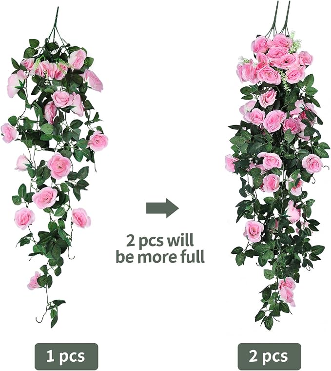 RECUTMS Artificial Pink Roses Fake Hanging Flower Plants, 4 PCS 37 Inch Silk Floral Ivy Garlands for Outdoors Home Room Garden Wedding Bridal Shower Friendship Valentine’s Day Indoor Party Decoration