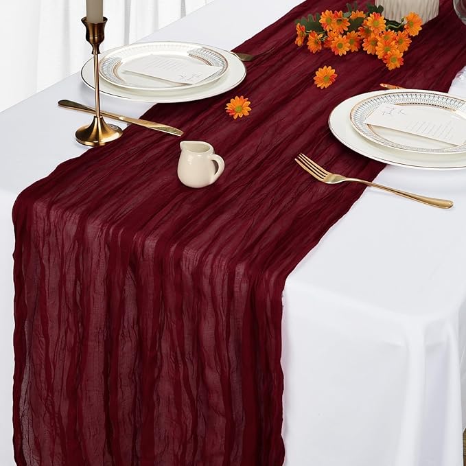 6 Pack Burgundy Cheesecloth Table Runner 10Ft Gauze Red Cheese Cloth Runner 35x120 Inch Boho Rustic Fabric for Holiday Party Decor Baby Shower Wedding Decorations
