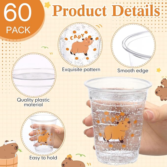 Funnymoom 60 Pack Capybara Plastic Cups 12 oz Capybara Birthday Decorations Cute Cartoon Animal Disposable Clear Plastic Drinking Cups for Animal Theme Birthday Baby Shower Party Decorations Supplies
