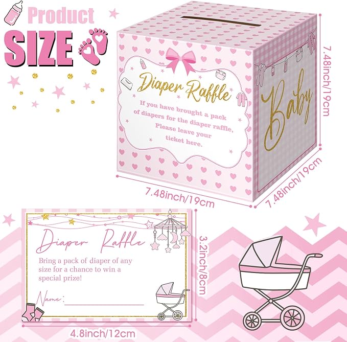 Teling 51 Pieces Diaper Raffle Tickets with Card Box Baby Shower Decorations Baby Shower Holder Box for Girl Boy Diaper Raffle Party(Pink Heart)