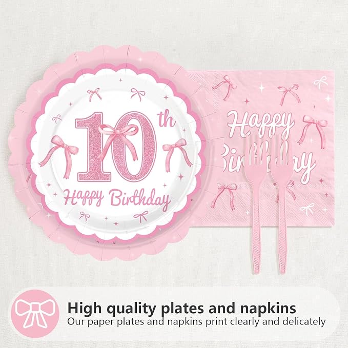 96Pcs Pink Bow Party Supplies Coquette 10th Birthday Party Plates and Napkins Disposable Bow Themed Tableware Set for Girl Happy 10th Birthday Baby Shower Decorations, Serves 24