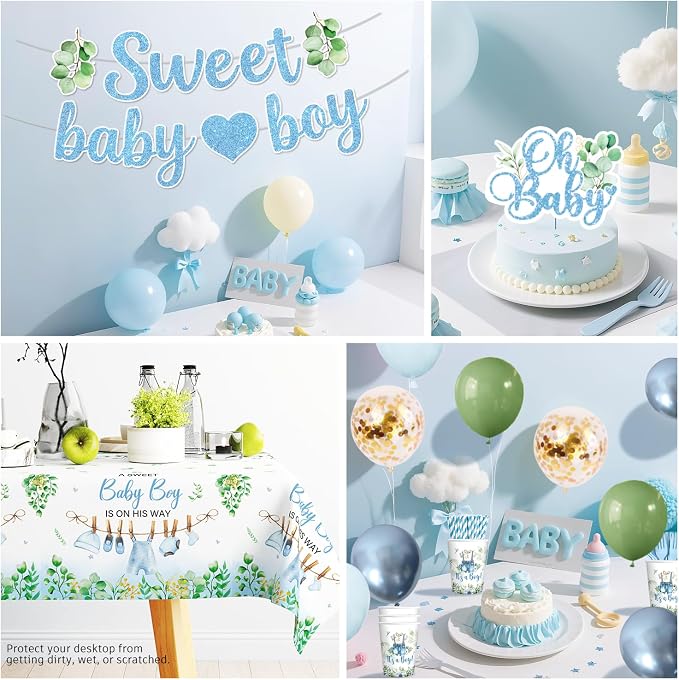 Xynic 201PCS Baby Shower Decorations Boy Tableware Set, 25 Serves Disposable Plates and Napkins Set, with 2pcs Tablecloth, Cake Topper, Banner, Balloons for Baby Boy Shower Decorations