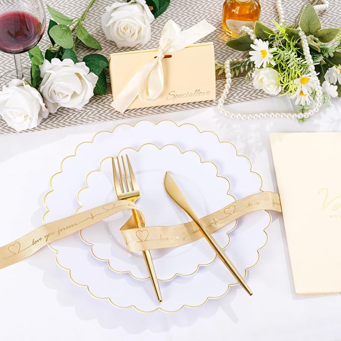 LIYH 60 Pcs White Plastic Plates with Gold Rim, Scalloped Disposable Combo Heavy-Duty Patriotic Plates Includes 30 Dessert Platos & 30 Dinner Platos for Birthday Wedding Party