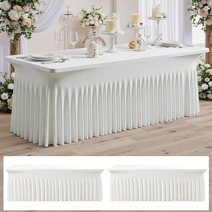 NSSONBEN 2 pk Ivory Spandex Tablecloth for 8 Foot Rectangle Tables,Wrinkle Free High Stretch Cream Fitted Tablecloths with Ruffle Skirt, Elastic Spandex Table Covers 8ft for Parties Weddings Banquet
