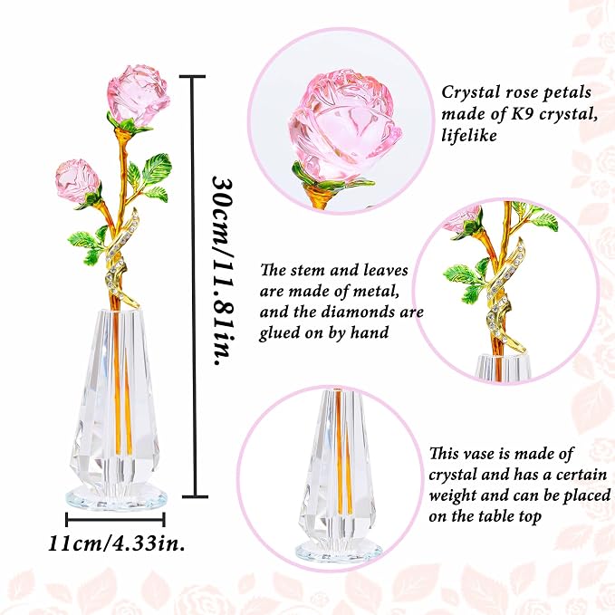 Arikyrist Pink Rose Flower Crystal Figurine with Vase, Handmade Bouquet Glass Flowers Ornament Rose Gifts for Women Mom Wife, Crystal Flower Home Decor for Valentine Mother's Day Wedding