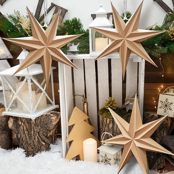 SUNBEAUTY 3 Pcs 7-Pointed Natural Paper Star Lanterns 12 Inch Christmas Hanging Lamp Rustic Paper Decorations Shade Wedding Birthday Christmas Home Party Decorations