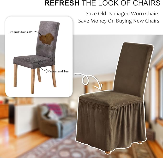 NICEEC Spandex Chair Covers for Dining Chairs Covers Set of 4 Removable Dining Room Chair Covers with Skirt Parson Chair Slipcovers Washable Chair Protector for Kitchen Wedding Party Banquet(Brown)