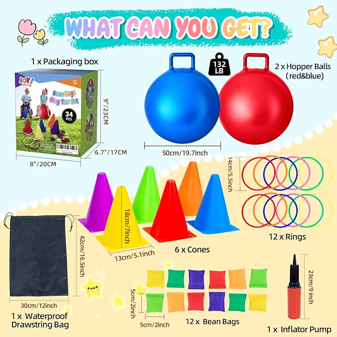 JOY SPOT! Carnival Outdoor Games Combo Set for Kids, 18 Inch Hopper Balls with Handles, Ring Toss, Bean Bags, Egg Spoon Relay Race, Fun for Backyard, Field Day, School, Birthday Parties, Family Events