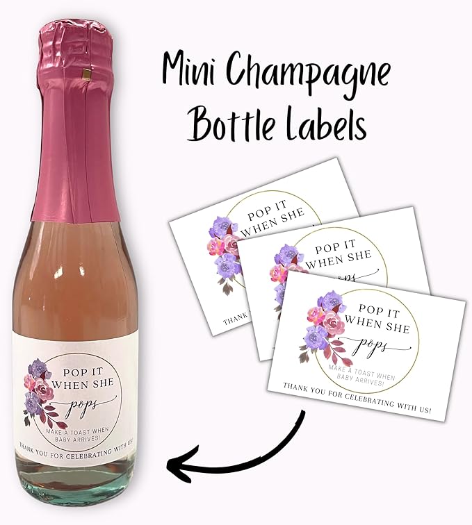 Pop It When She Pops Floral Purple Mini Champagne Bottle Label | 12 pk 2 x 3” Sticker Tags When She Arrives for Wine Bottles Baby Shower Gender Reveal
