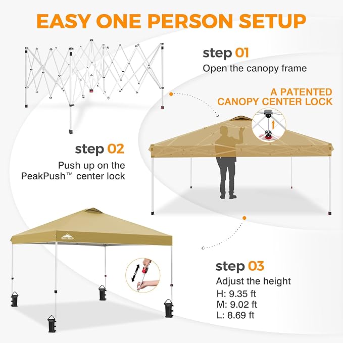 EAGLE PEAK Pop Up Canopy Tent with Wheeled Carry Bag, 8 Stakes, 4 Ropes, 4 Weight Bags, Easy Set Up Tent Canopy, 10x10 ft, 100sqft of Shade, Beige